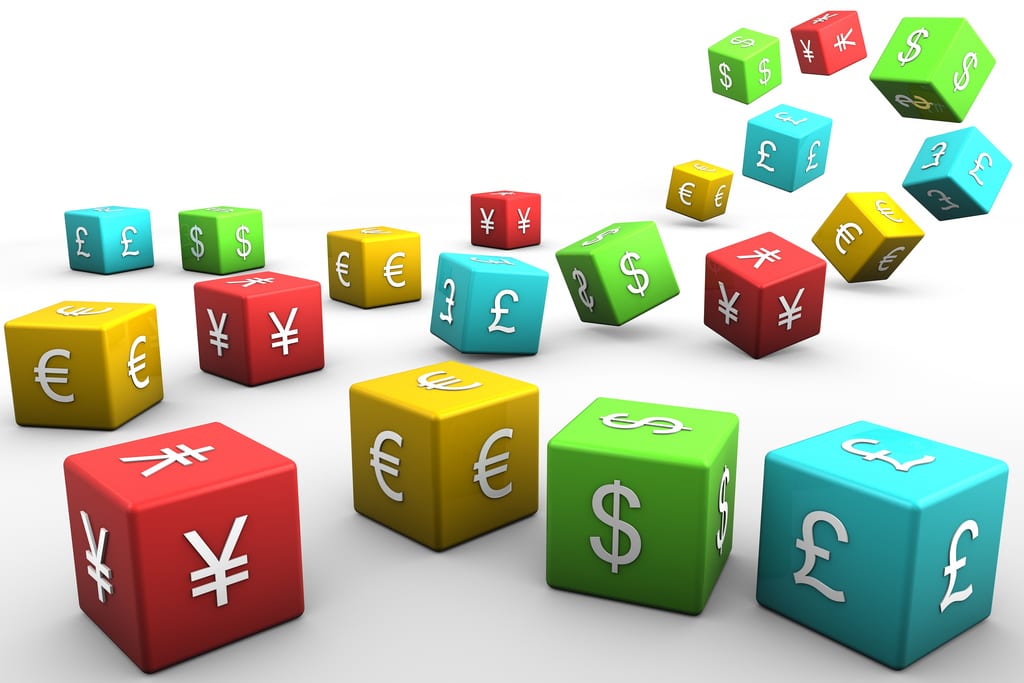[dice with euro, pound, yen, and dollar symbols]
